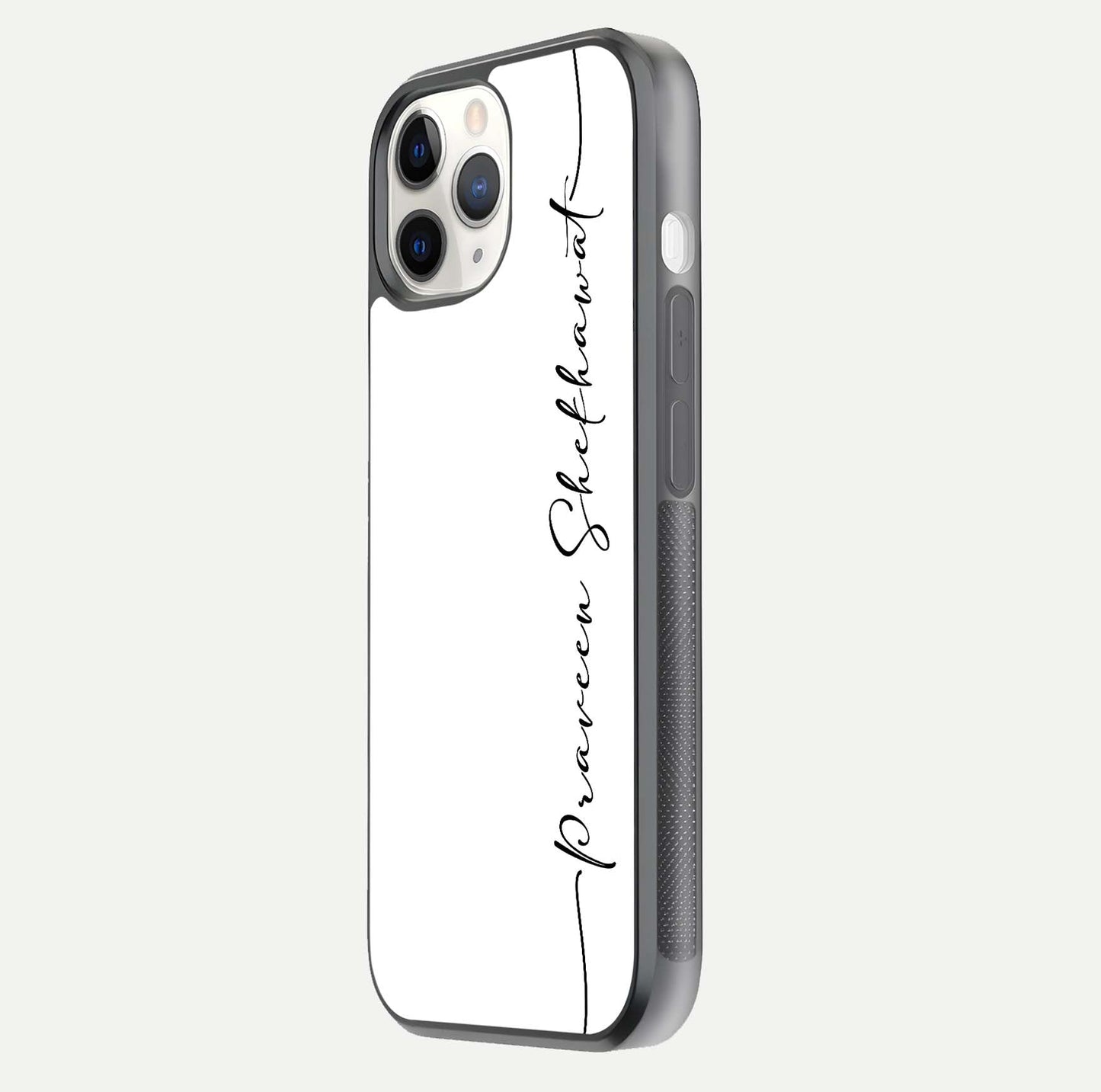 White Tune Custom Name Glass Case for iPhone 11 Pro side-angle image showing shine, gloss, and minimal tone