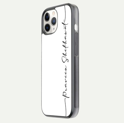 White Tune Custom Name Glass Case for iPhone 11 Pro side-angle image showing shine, gloss, and minimal tone