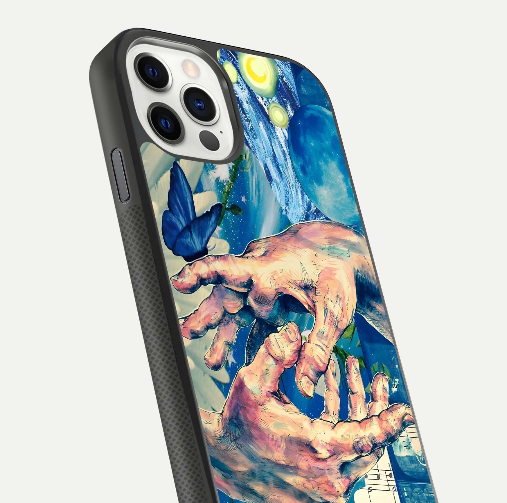 Aesthetic Divider Glass Case for iPhone 16 Pro close-up angled shot showing detailed divider artwork and gloss reflection