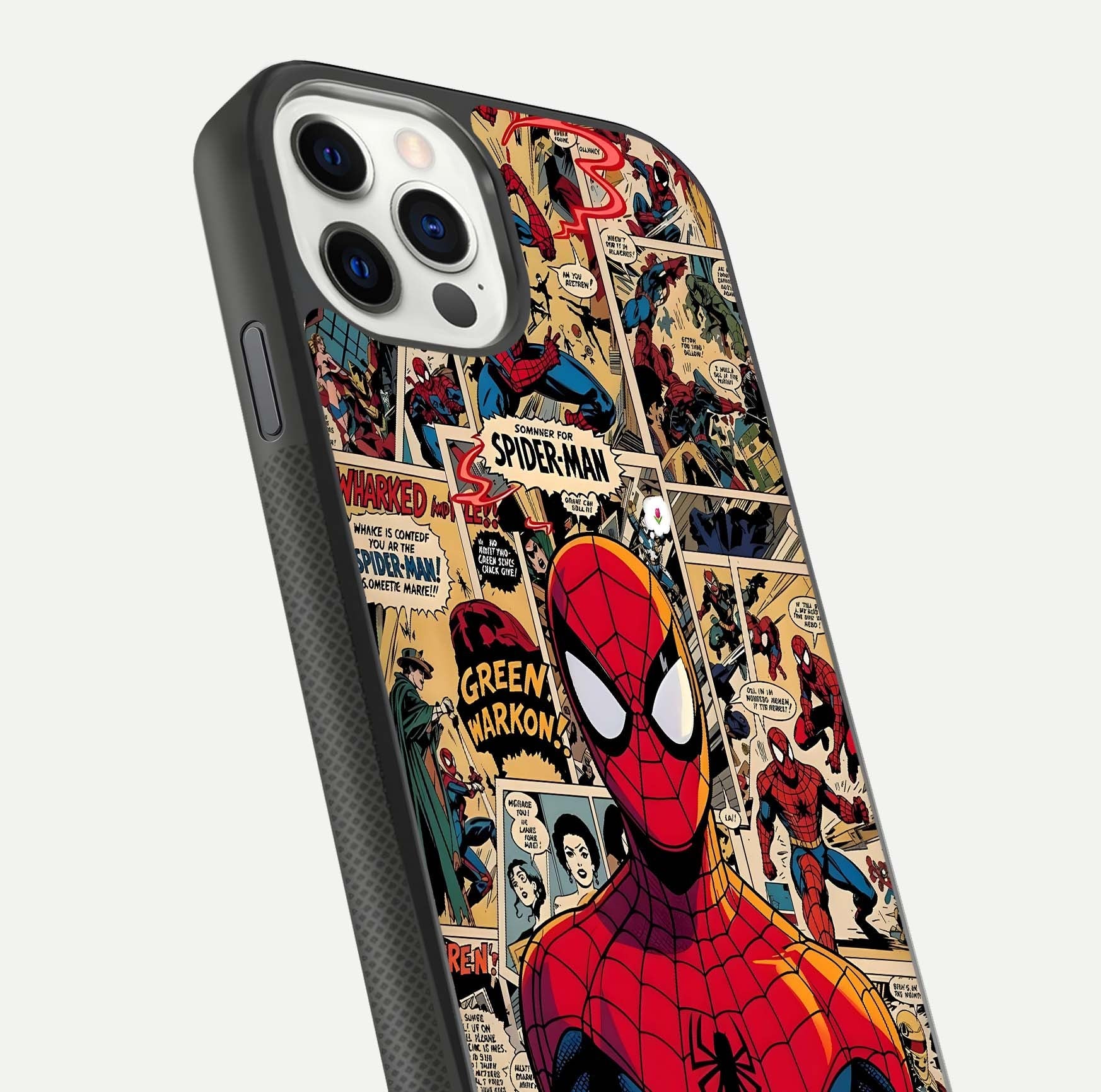 Aesthetic Spider Man Glass Case for iPhone 16 Pro close-up angled shot showing detailed Spider-Man artwork and gloss reflection