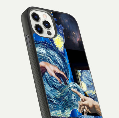Aesthetic Vando Hands Glass Case for iPhone 16 Pro close-up angle showing fine detailing of hand artwork and glass reflection