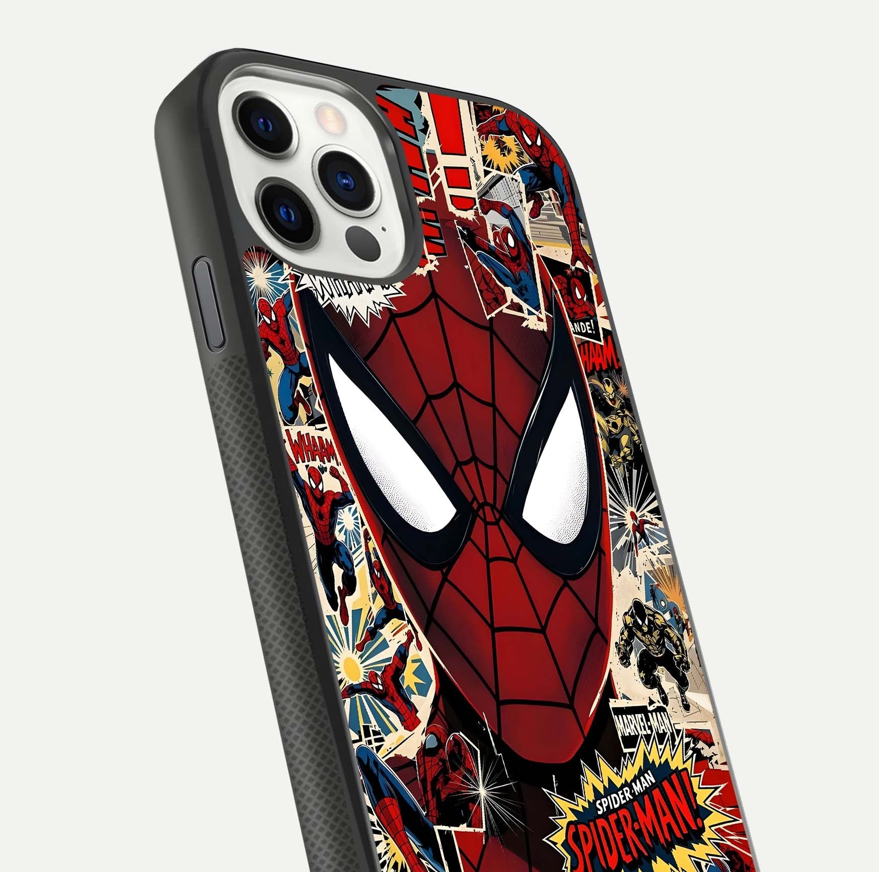 Aesthetic Wonder Spider Glass Case for iPhone 16 Pro angled close-up highlighting spider web detail and vibrant color gloss