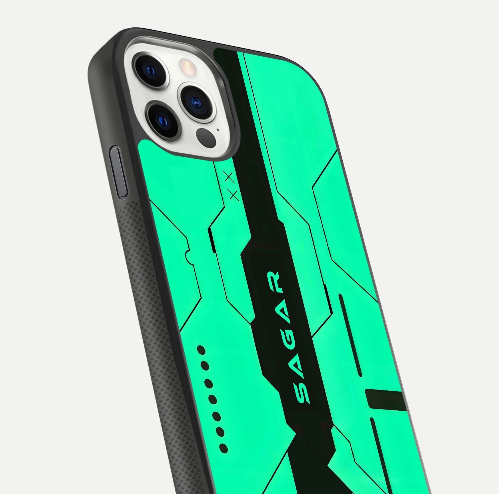 Aqua Tech CYBERPUNK Custom Name Glass Case for iPhone 16 Pro close-up angle showing futuristic blue lights and reflections