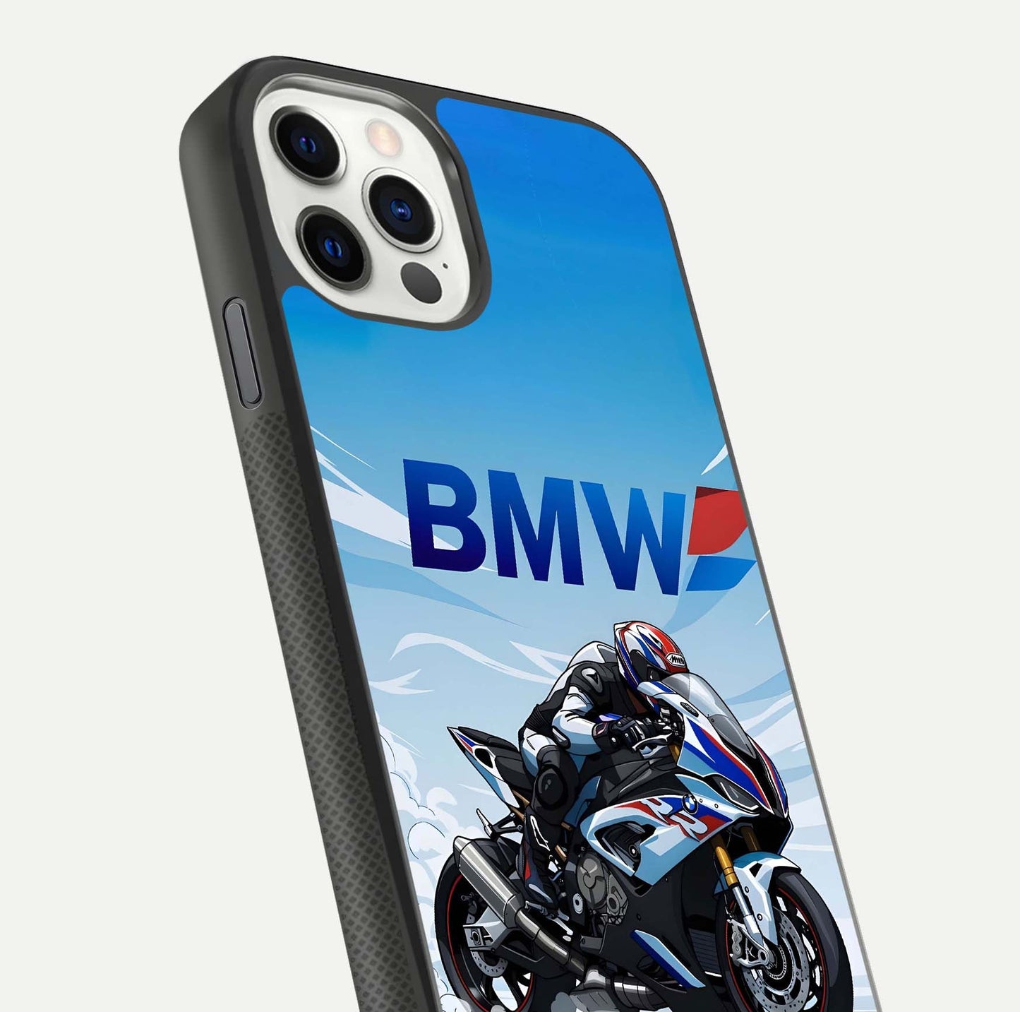 BMW Power Drift Glass Case for iPhone 11 Pro dual-view layout showing energy pattern and edge clarity