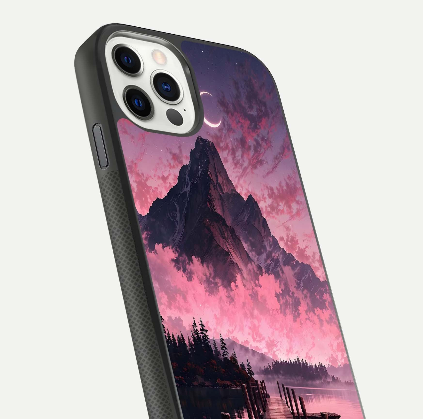 Beautyful Mountain View Glass Case for iPhone 11 Pro front and back layout showcasing natural tones and clarity