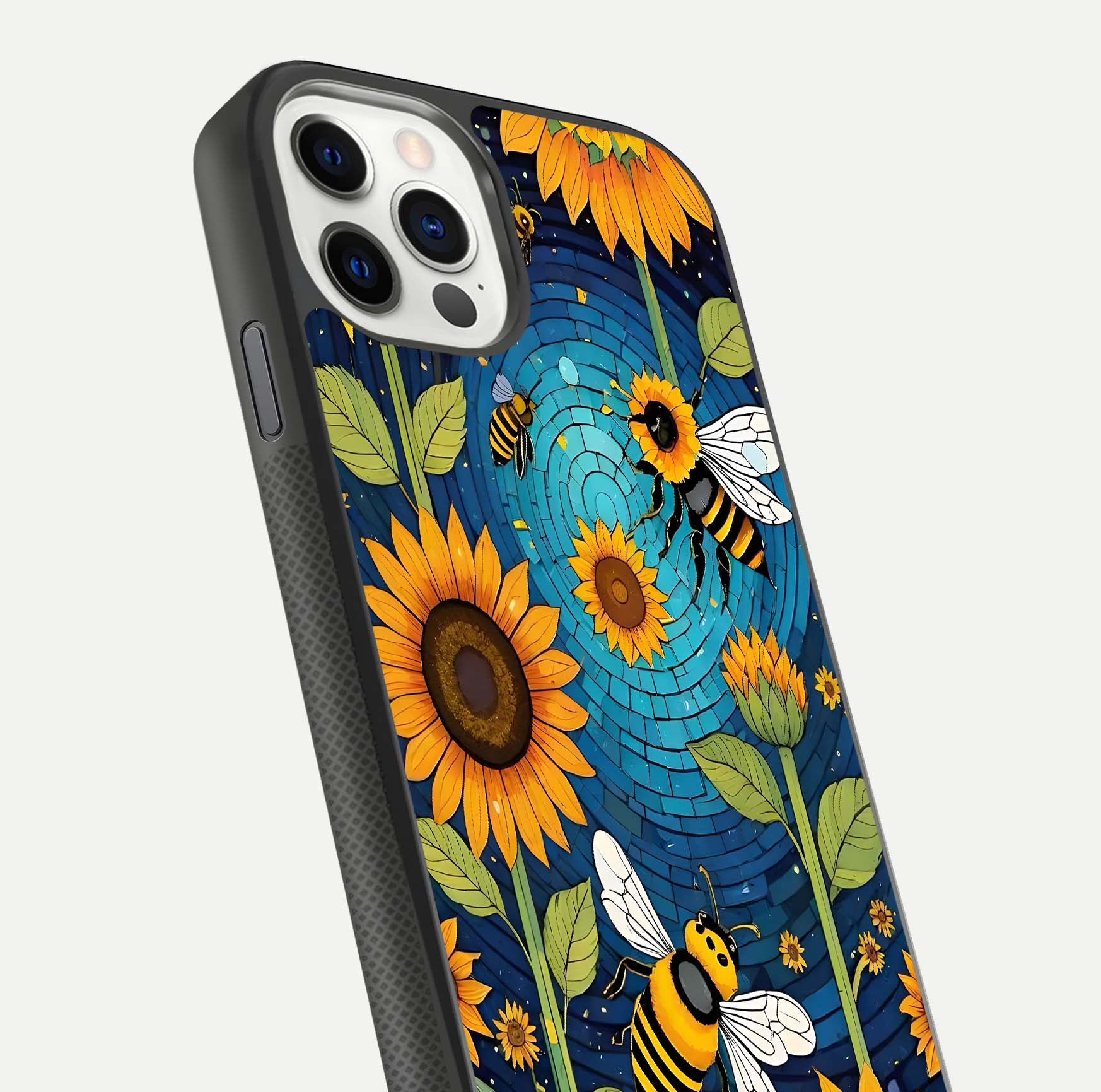 Bees & Sunflowers Glass Case for iPhone 11 Pro front-and-back layout highlighting nature-inspired artwork and protective edge