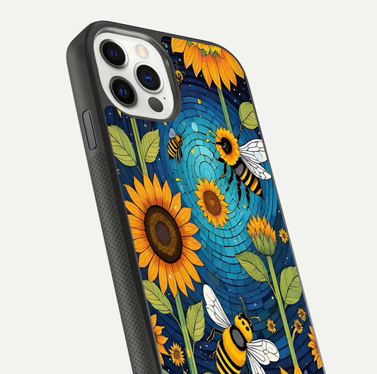 Bees & Sunflowers Glass Case for iPhone 11 Pro front-and-back layout highlighting nature-inspired artwork and protective edge