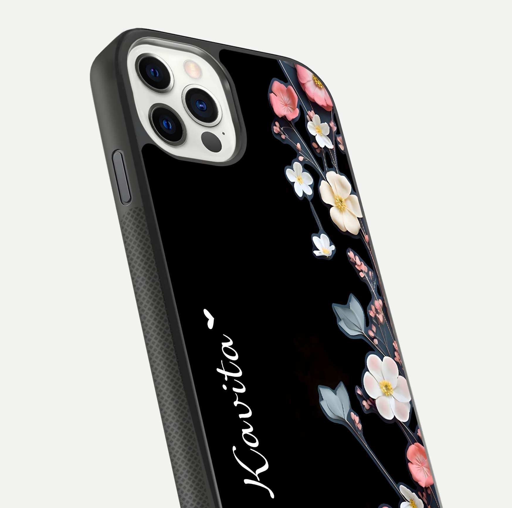 Black Elegance Floral Custom Name Glass Case for iPhone 16 Pro close-up shot showing rose detailing and elegant reflection
