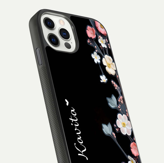 Black Elegance Floral Custom Name Glass Case for iPhone 11 Pro dual-view layout displaying name placement and gloss finish