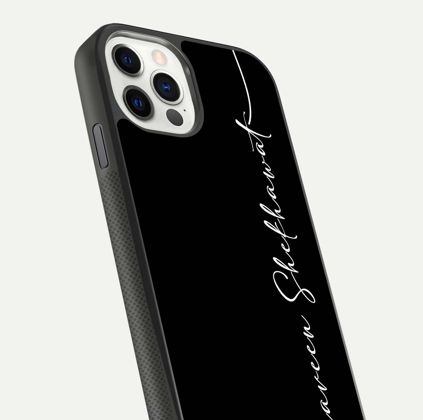 Black Tune Custom Name Glass Case for iPhone 16 Pro close-up shot highlighting sleek monochrome design and reflection