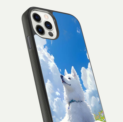 Blissful Cloud Pup Glass Case for iPhone 16 Pro close-up image highlighting puppy details and glossy reflection