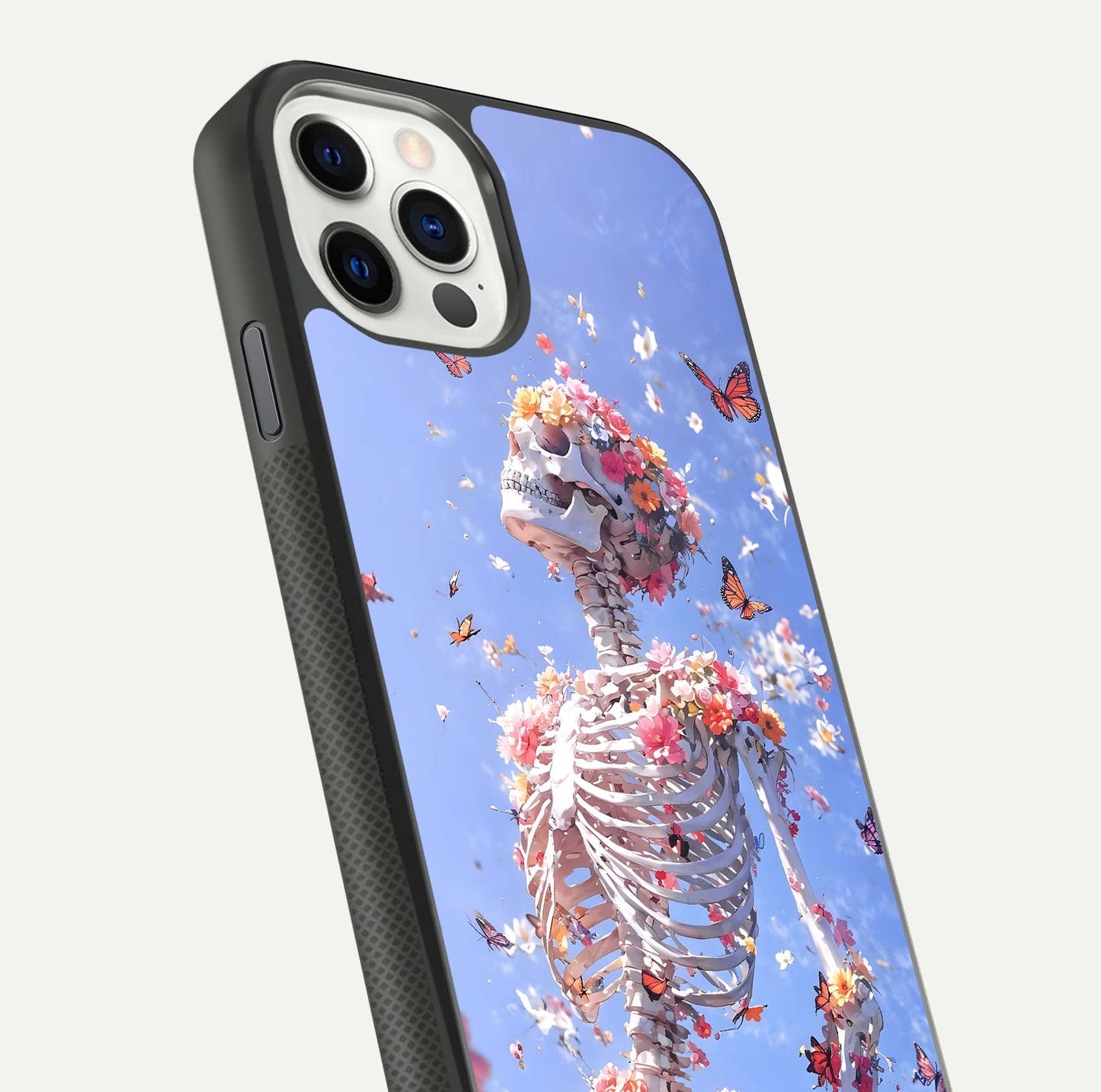 Bloom Beyond Bones Glass Case for iPhone 11 Pro dual-view layout showing creative aesthetic and edge design