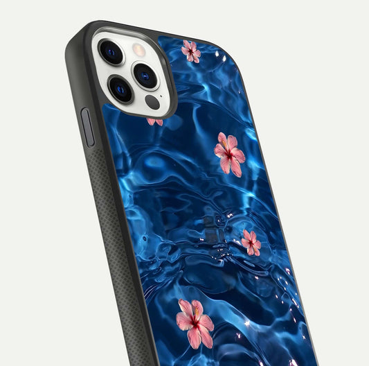Blooming Water Drift Glass Case for iPhone 11 Pro front-and-back layout highlighting edge design and serene water bloom art
