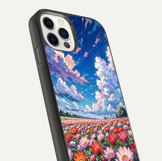 Blossom Sky Field Glass Case for iPhone 11 Pro front-and-back layout highlighting design edges and gloss clarity