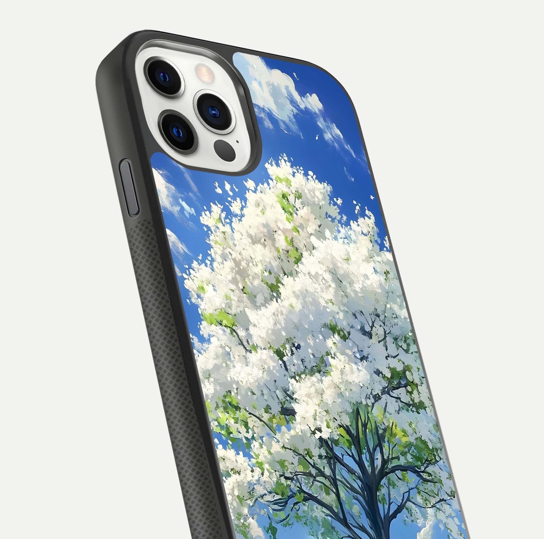 Blossom Sky Serenity Glass Case for iPhone 11 Pro dual-view layout showing pastel hues and soft protective edges