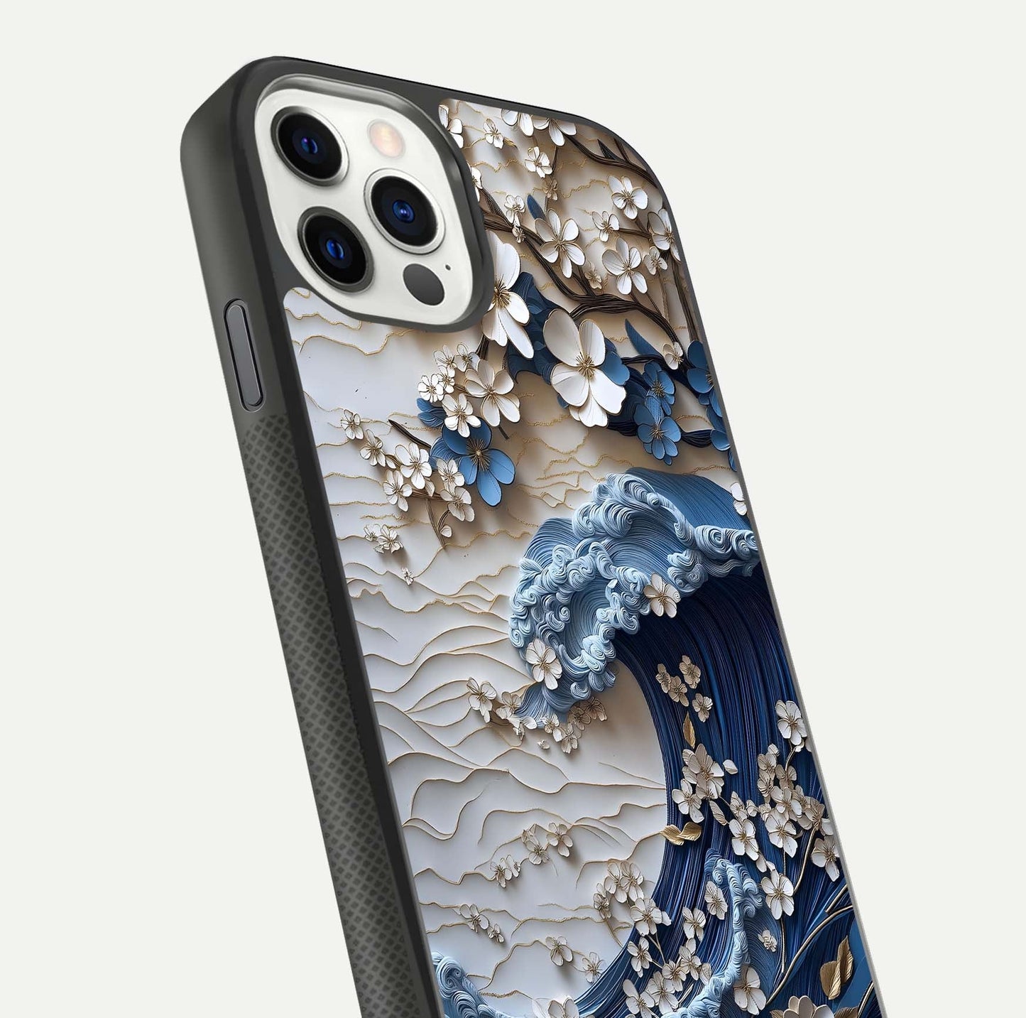 Blossom Wave Art Glass Case for iPhone 11 Pro front-and-back layout showing curved design and glass clarity