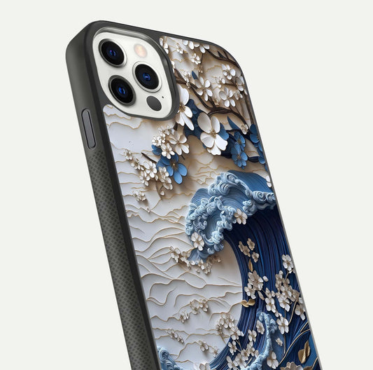 Blossom Wave Art Glass Case for iPhone 11 Pro front-and-back layout showing curved design and glass clarity