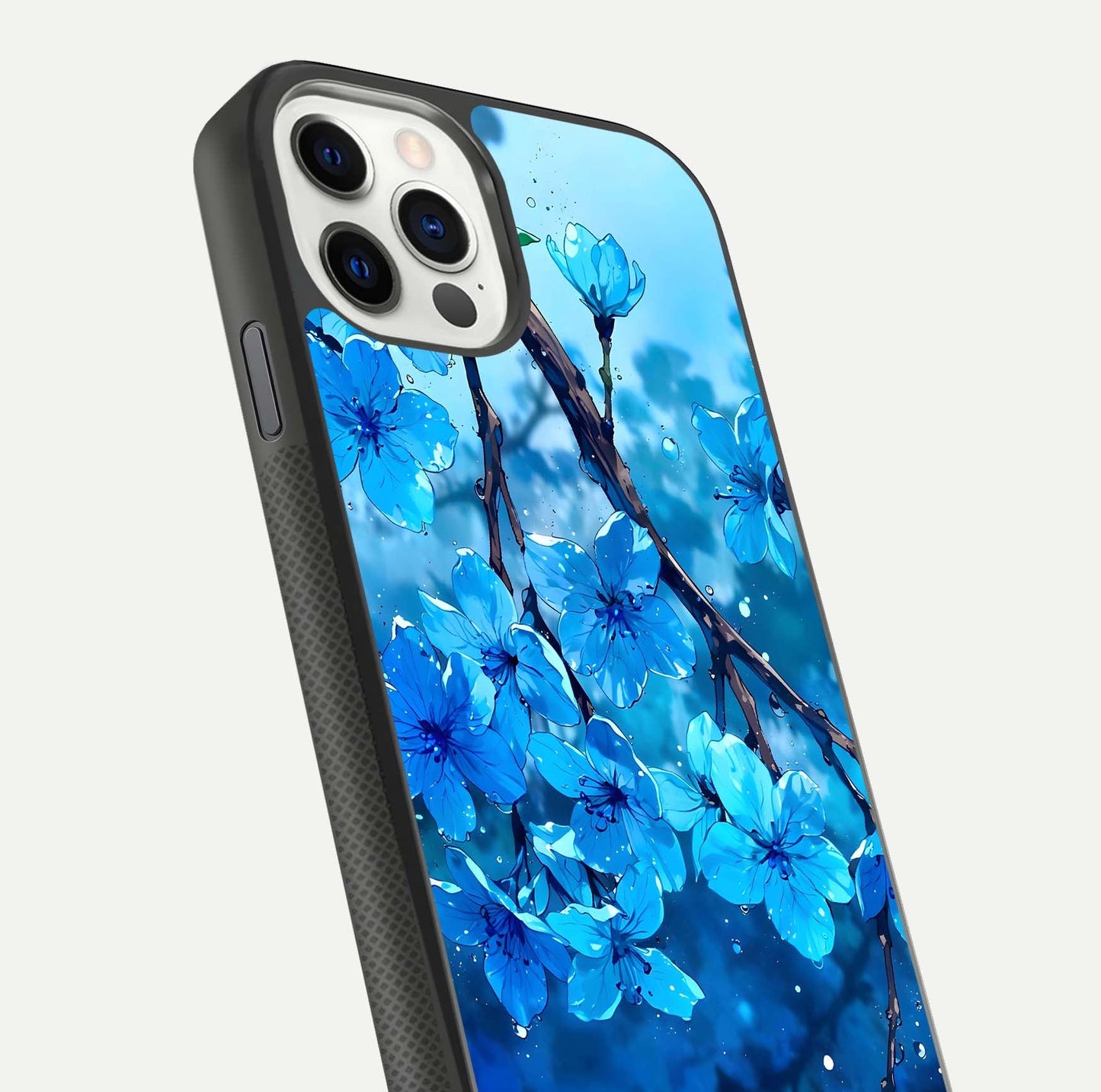 Blue Blossoms Branch Glass Case for iPhone 11 Pro dual-view layout displaying floral art and sleek protective frame
