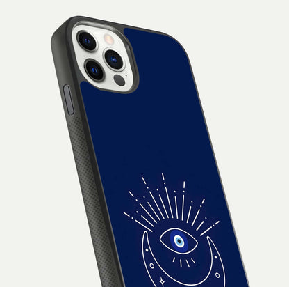 Blue Evil Eye Glass Case for iPhone 11 Pro front-and-back layout showing blue aura design and curved-edge clarity