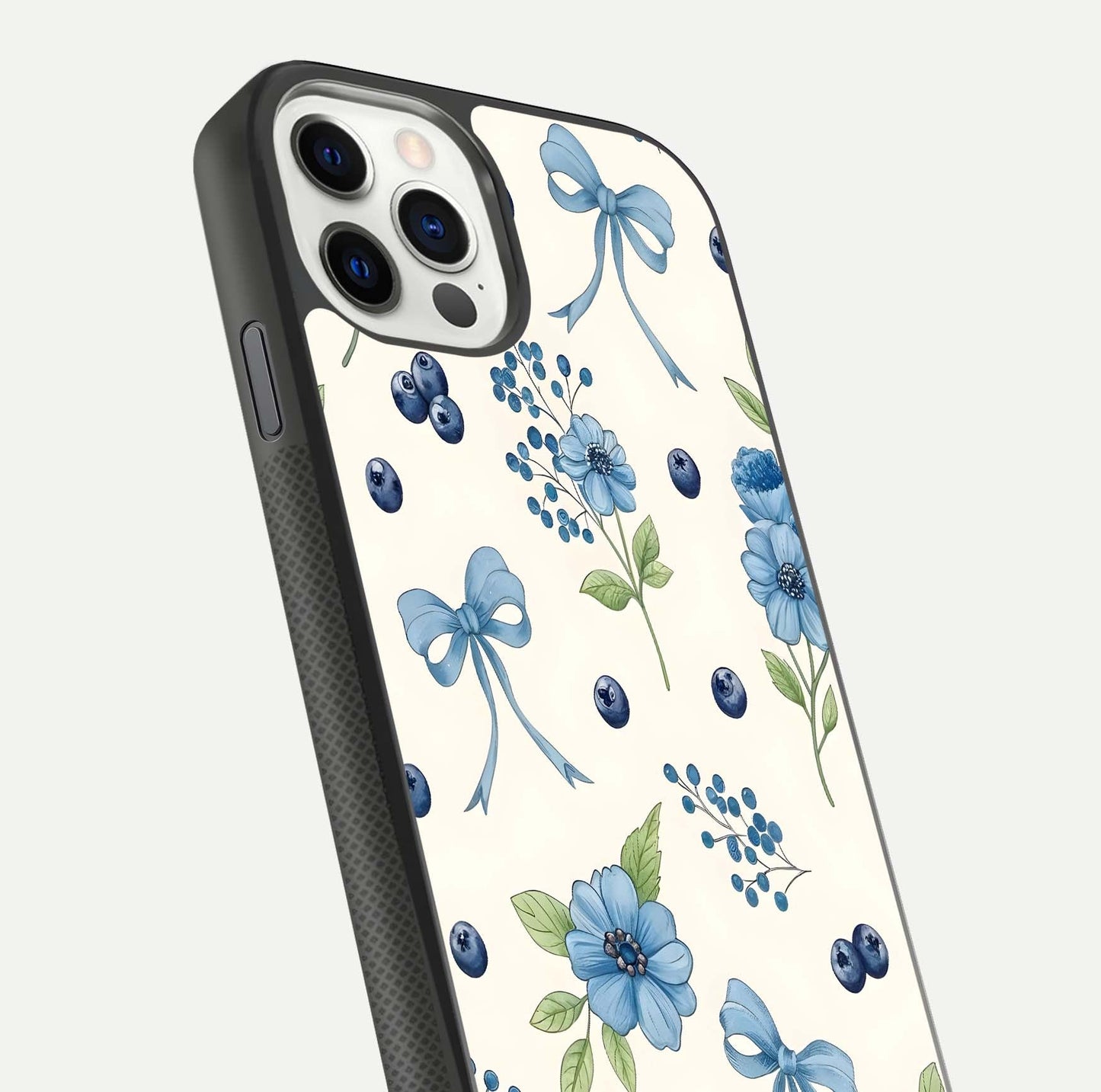 Blue Flower & Bow Glass Case for iPhone 11 Pro dual-view layout showing balanced pattern and smooth edges