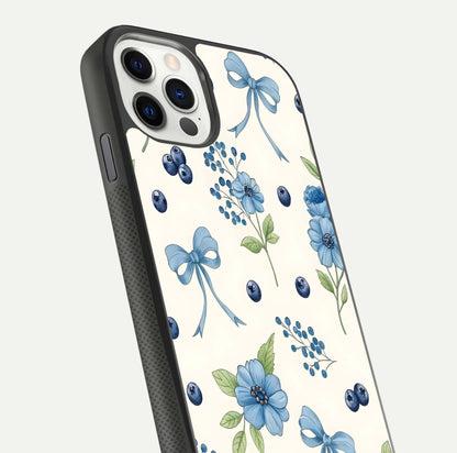 Blue Flower & Bow Glass Case for iPhone 11 Pro dual-view layout showing balanced pattern and smooth edges