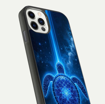 Blue Galaxy Turtle Glass Case for iPhone 11 Pro front-and-back layout highlighting cosmic art and reflective glass