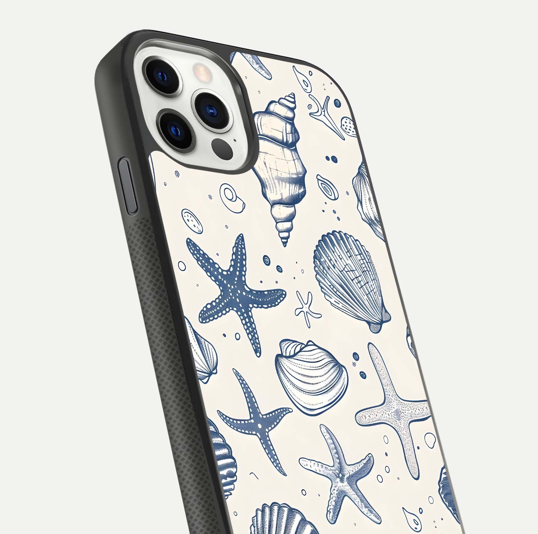 Blue Ocean Outline Glass Case for iPhone 11 Pro front-and-back layout showing minimal wave design and HD gloss