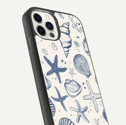 Blue Ocean Outline Glass Case for iPhone 11 Pro front-and-back layout showing minimal wave design and HD gloss
