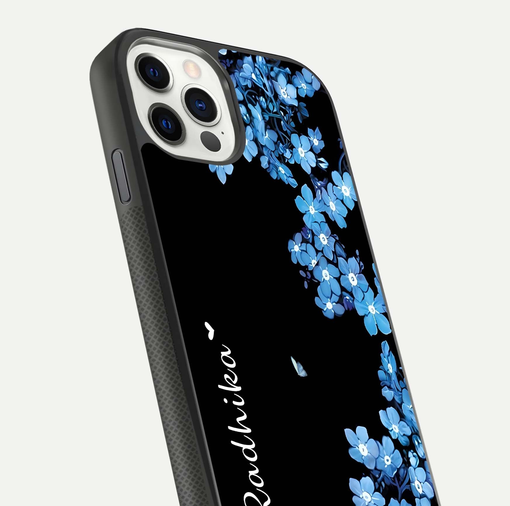 Blue Petal Dream Custom Name Glass Case for iPhone 11 Pro dual-view layout showing text placement and premium finish