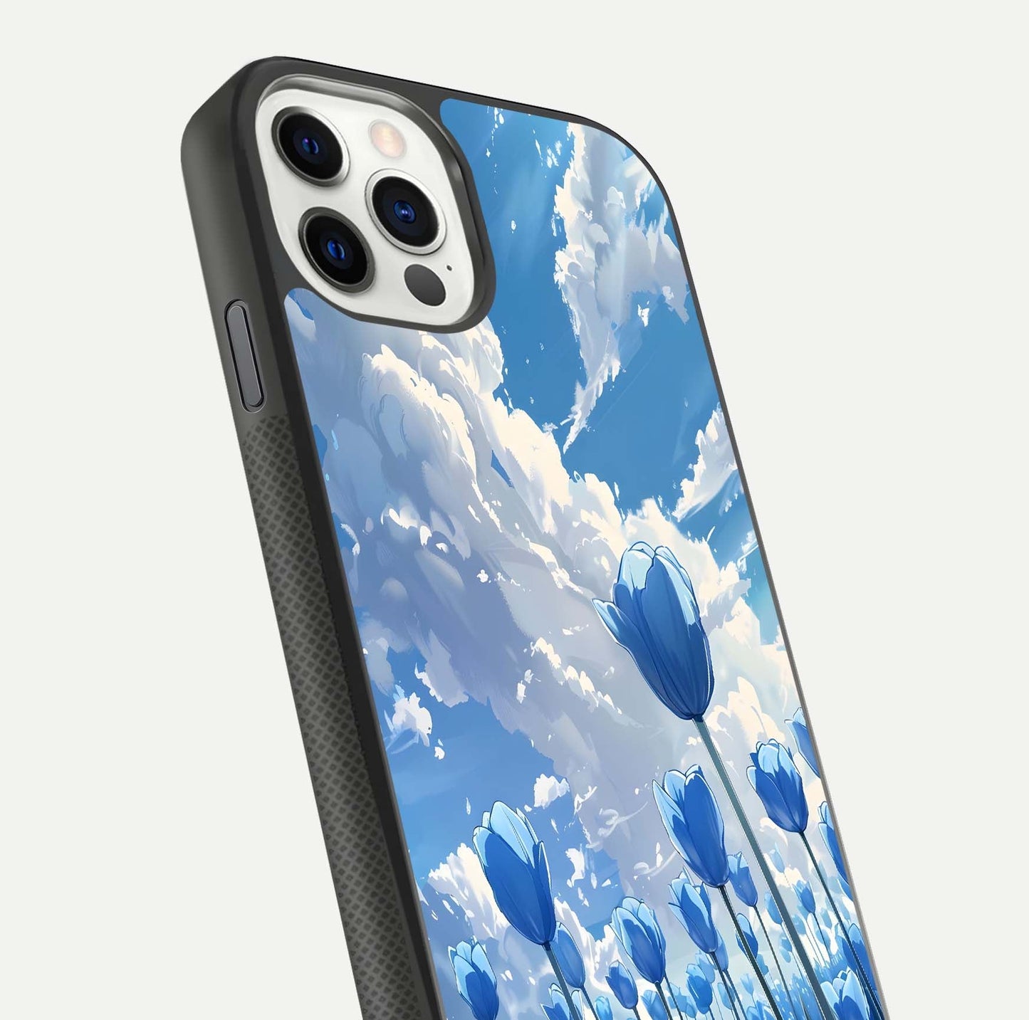 Blue Tulip Clouds Glass Case for iPhone 11 Pro front-and-back layout showcasing floral detail and polished edges