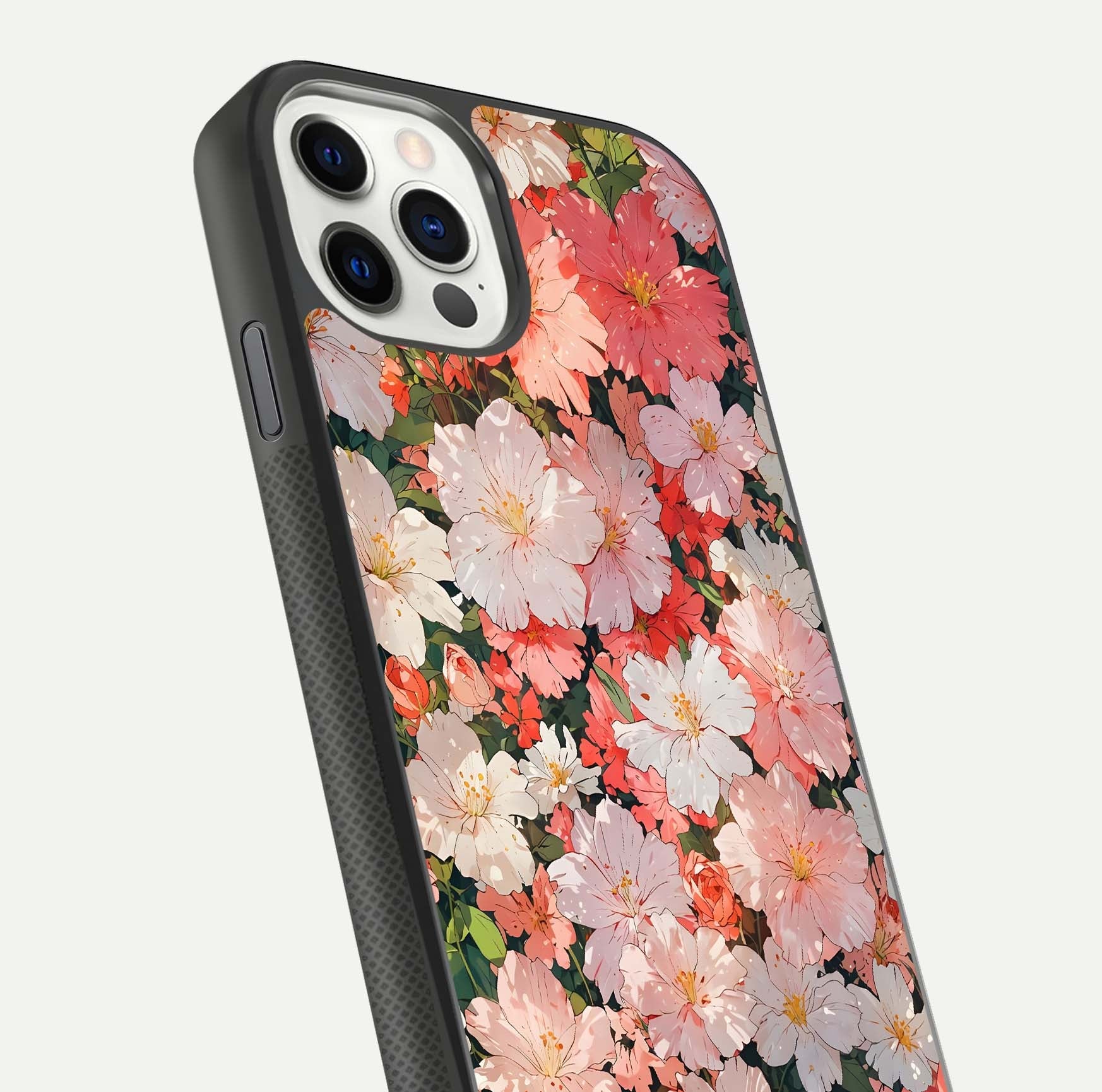 Blush Bloom Field Glass Case for iPhone 11 Pro dual-view layout showing bloom arrangement and protective frame