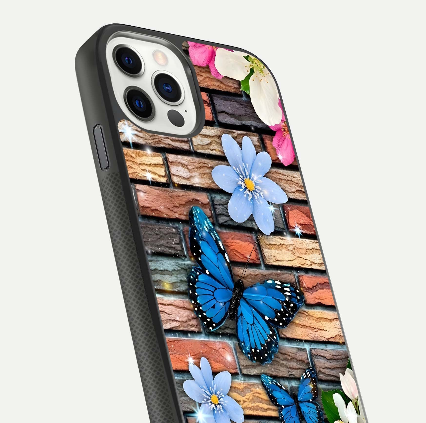 Brick Bloom Flight Glass Case for iPhone 11 Pro dual-view layout showing bloom placement and protective edge design