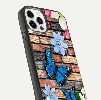 Brick Bloom Flight Glass Case for iPhone 11 Pro dual-view layout showing bloom placement and protective edge design