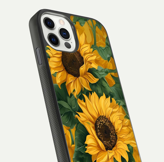 Bright Sunflower Bloom Glass Case for iPhone 11 Pro dual-view layout displaying floral glow and curved glass edge