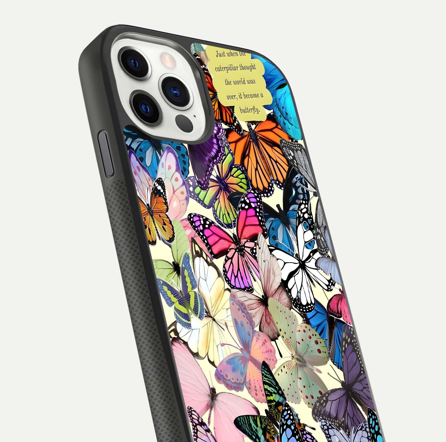 Butterflies Petal Dream Glass Case for iPhone 11 Pro front-and-back layout showcasing floral spread and reflection shine