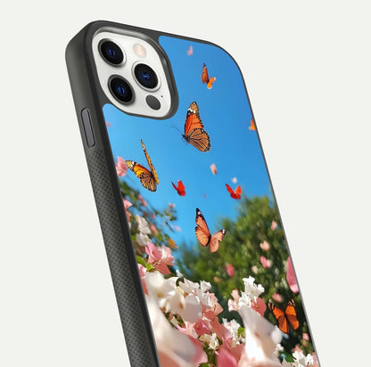 Butterflies in Bloom Sky Glass Case for iPhone 11 Pro dual-view layout displaying elegant composition and glass gloss