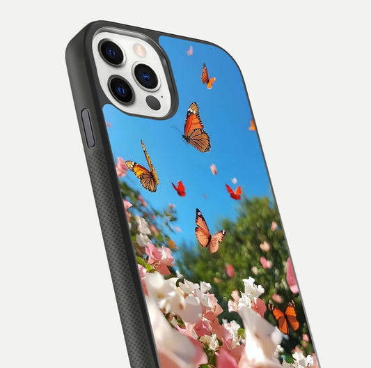 Butterflies in Bloom Sky Glass Case for iPhone 11 Pro dual-view layout displaying elegant composition and glass gloss