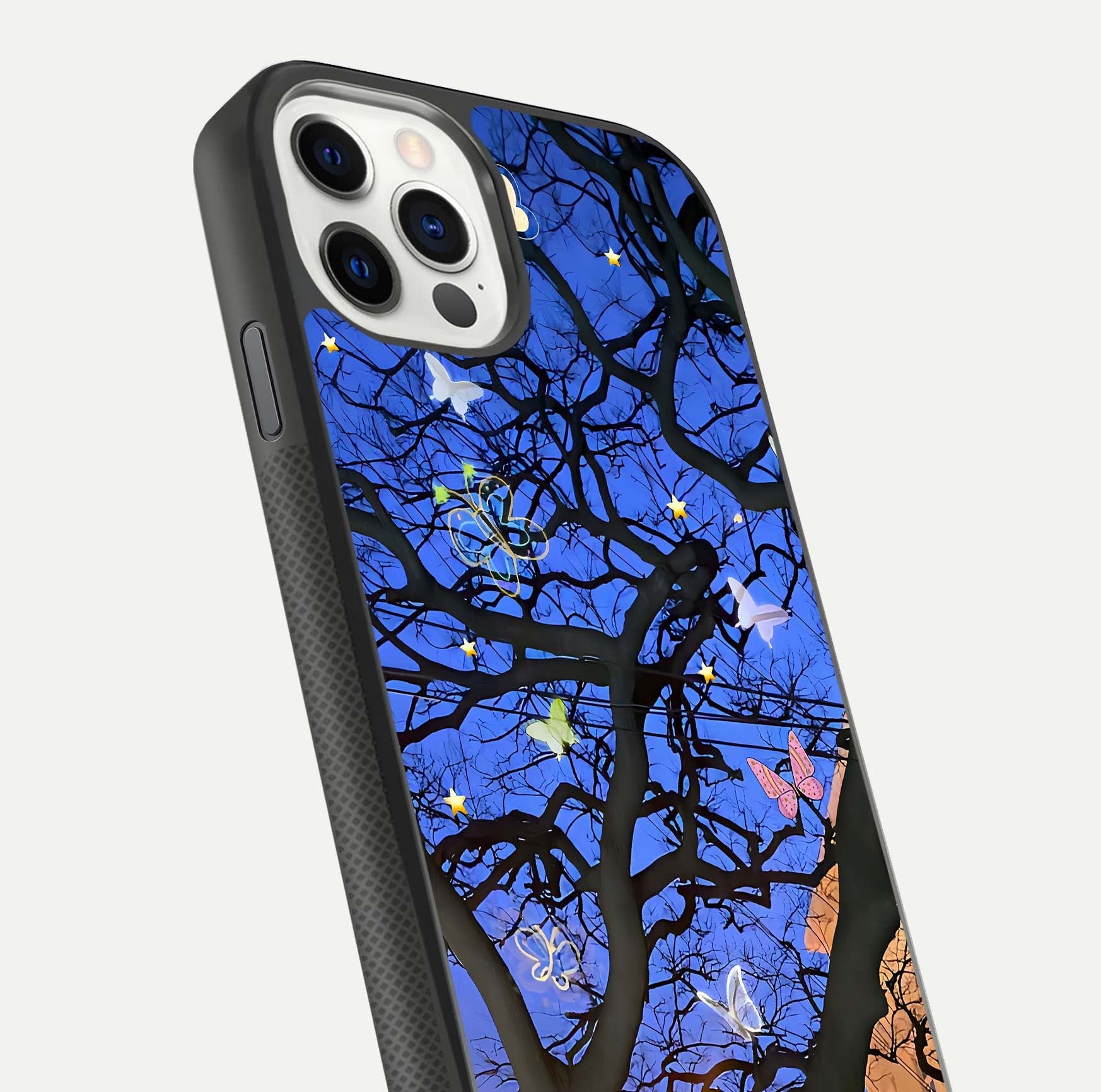 Butterfly Night Magic Glass Case for iPhone 11 Pro dual-view layout displaying balanced art and edge clarity