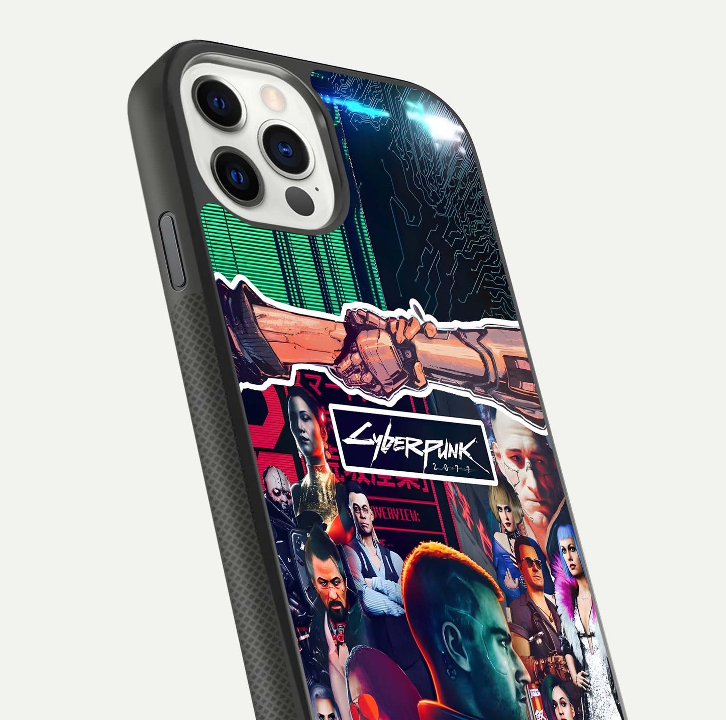 CYBERPUNK Legacy Glass Case for iPhone 11 Pro dual-view layout showing cyberpunk hues and glass precision