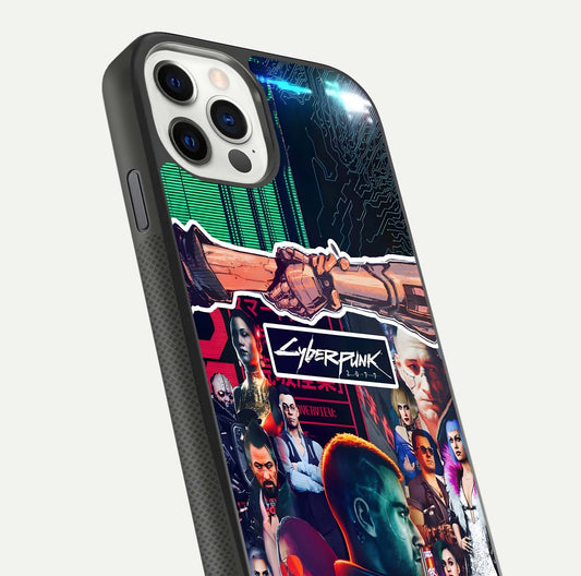 CYBERPUNK Legacy Glass Case for iPhone 11 Pro dual-view layout showing cyberpunk hues and glass precision