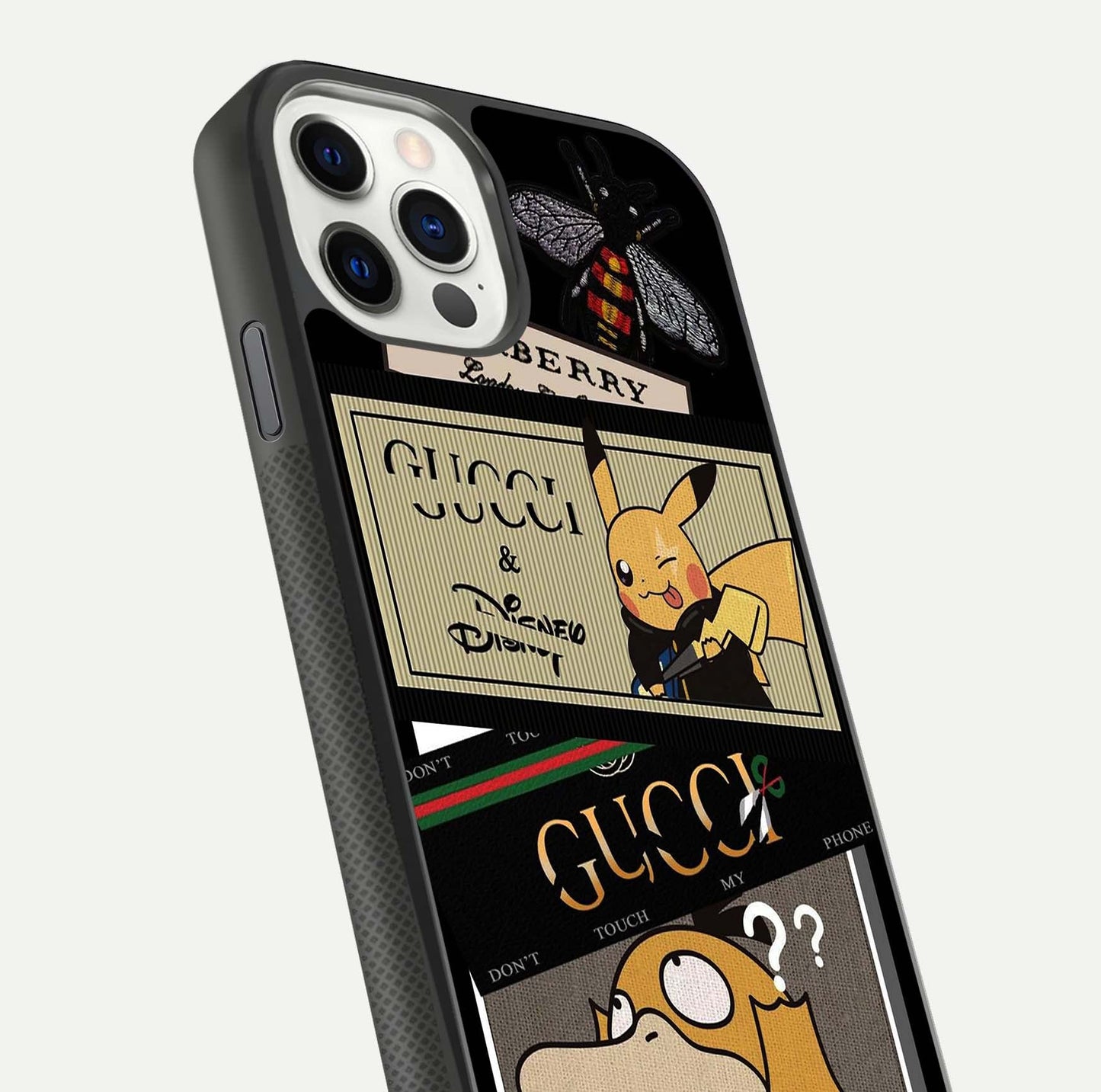 Cartoon Brand Play Mashup Glass Case for iPhone 11 Pro front and back view layout highlighting multi-logo artwork and curved edges