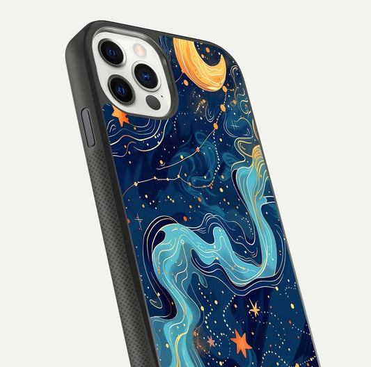 Celestial Dream Flow Glass Case for iPhone 11 Pro dual-view layout showing abstract flow and curved glass