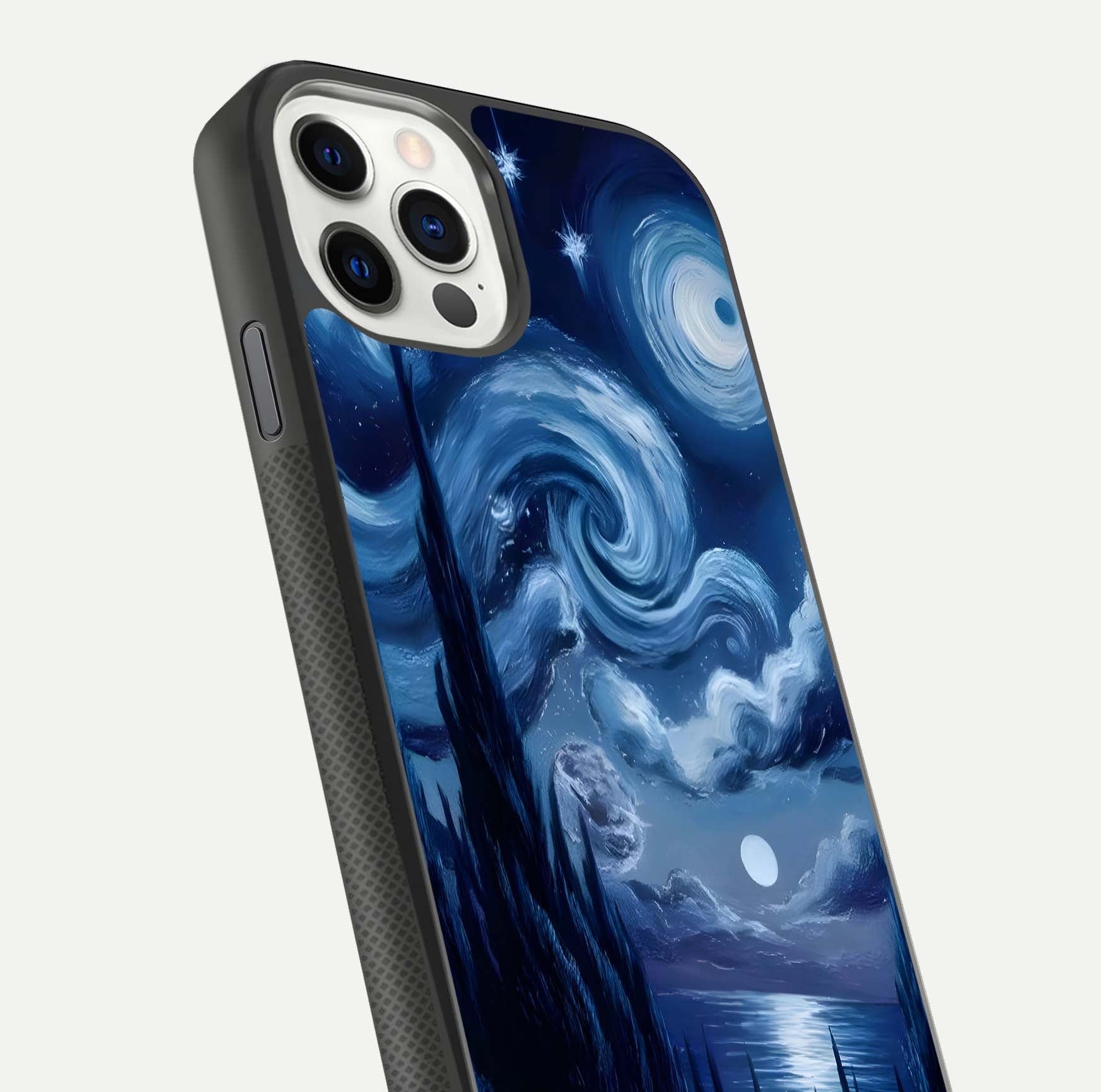 Celestial Dream Van Gogh Glass Case for iPhone 11 Pro dual-view layout displaying art texture and glass polish
