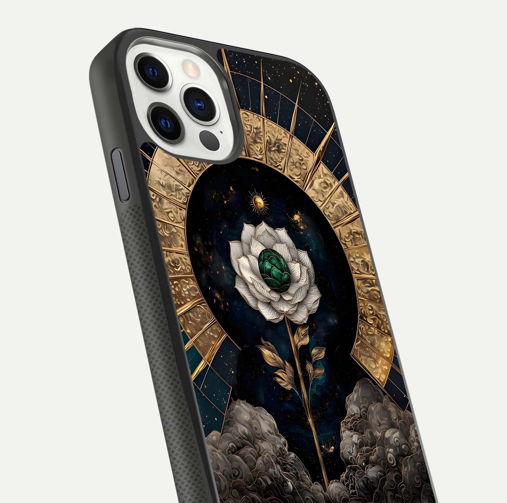 Celestial Lotus Morang Glass Case for iPhone 11 Pro dual-view layout displaying floral symmetry and polished edges