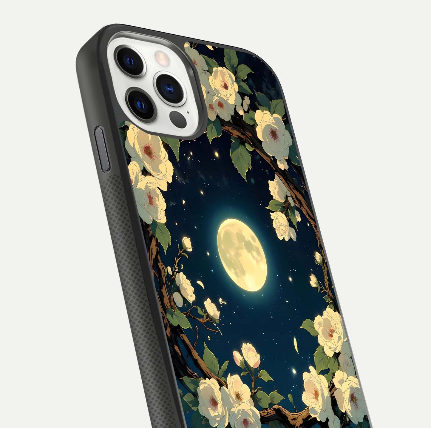 Celestial Moon & Flower Glass Case for iPhone 11 Pro dual-view layout showing balanced lunar art and gloss tone