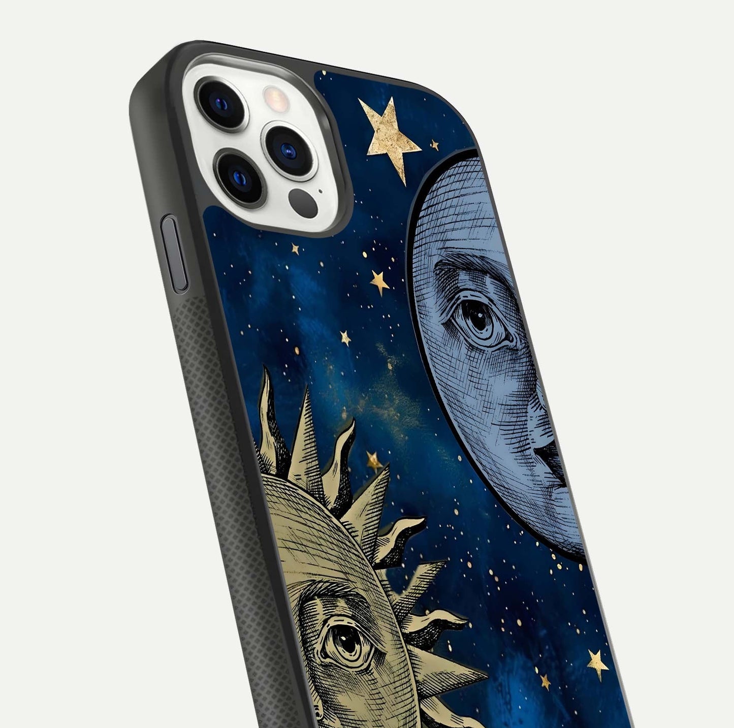 Celestial Moon With Sun Glass Case for iPhone 11 Pro dual-view layout showing luminous pattern and curved edges