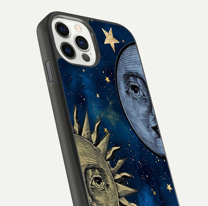 Celestial Moon With Sun Glass Case for iPhone 11 Pro dual-view layout showing luminous pattern and curved edges