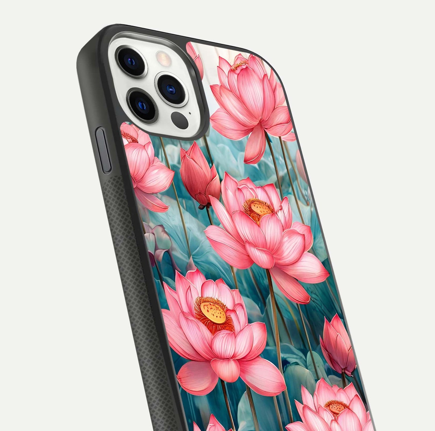Celestial Pink Lotus Glass Case for iPhone 11 Pro dual-view layout showing floral center and smooth edges