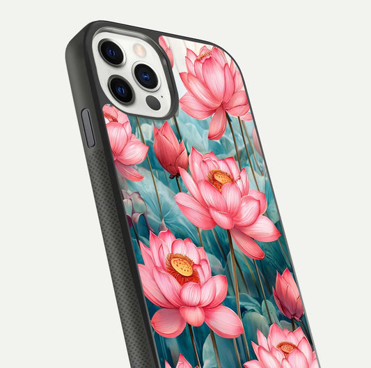 Celestial Pink Lotus Glass Case for iPhone 11 Pro dual-view layout showing floral center and smooth edges