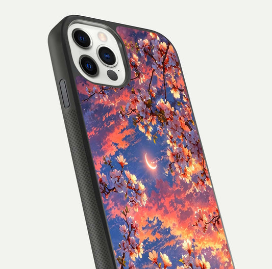 Celestial Sakura Sunset Glass Case for iPhone 11 Pro dual-view layout showing floral gradient and reflection polish